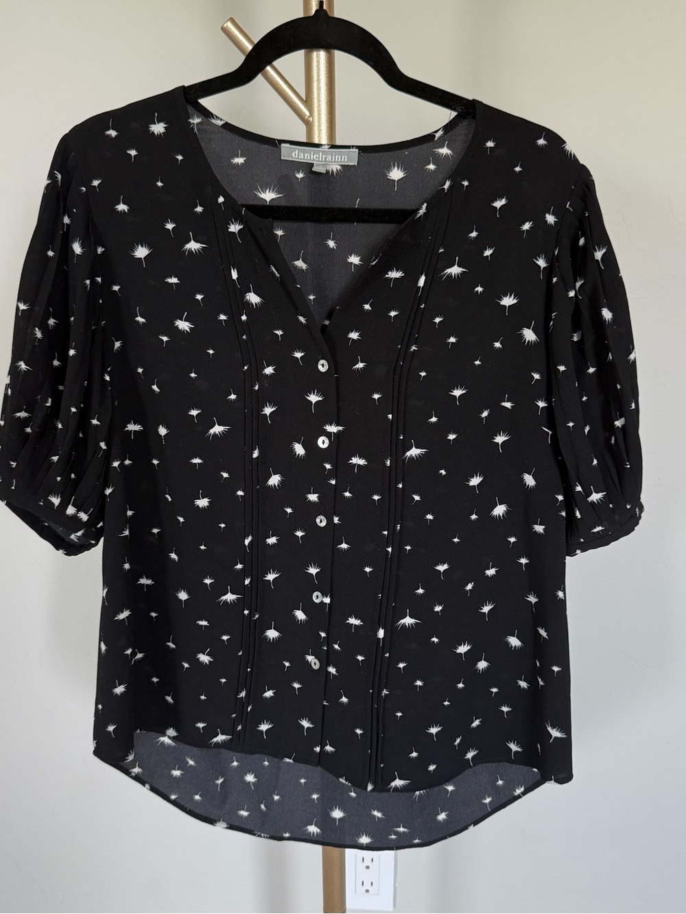 Daniel Rainn Black Blouse with White Dandelion Print